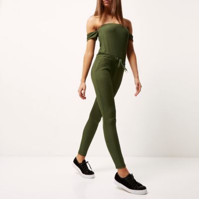 Khaki green ribbed bardot jumpsuit